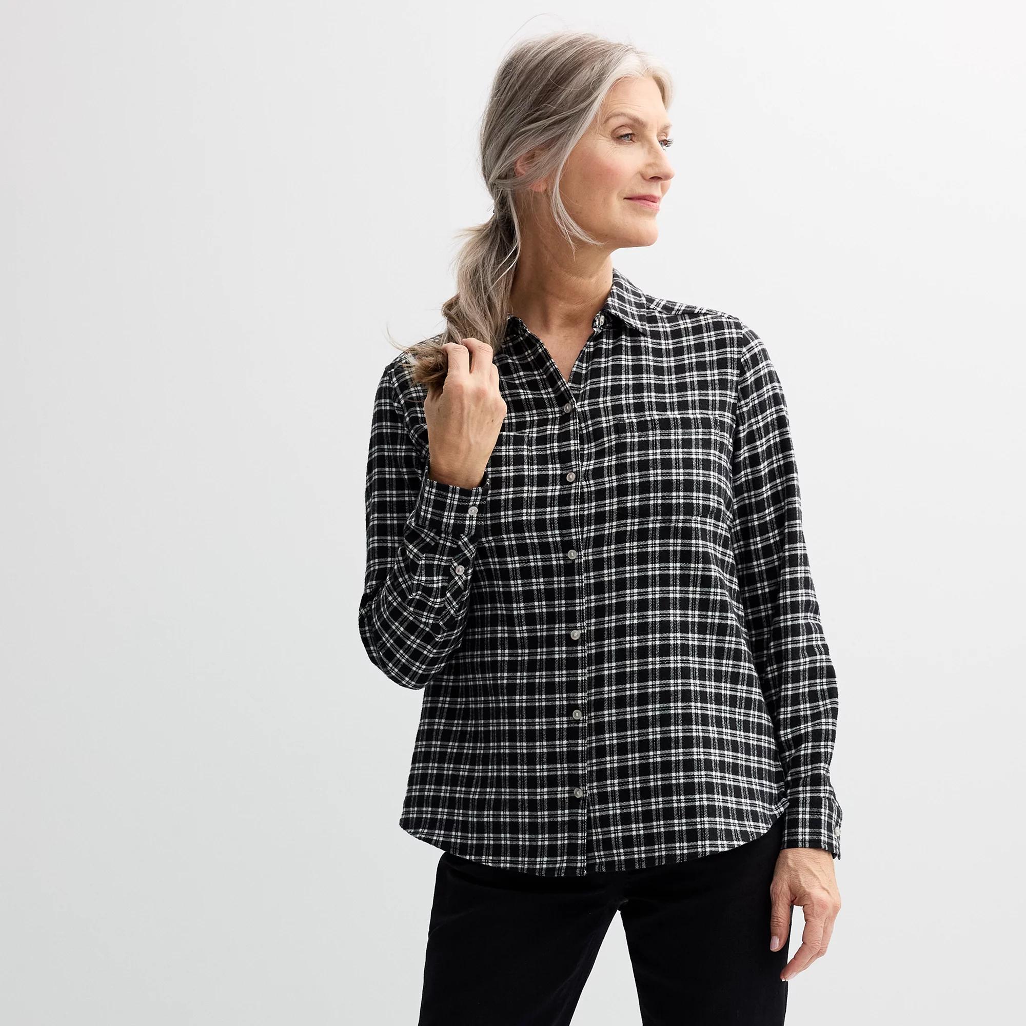 Petite Croft & Barrow® The Extra Soft Plaid Flannel Shirt, Women's, Size: XXL Petite, Black  Check Product Image