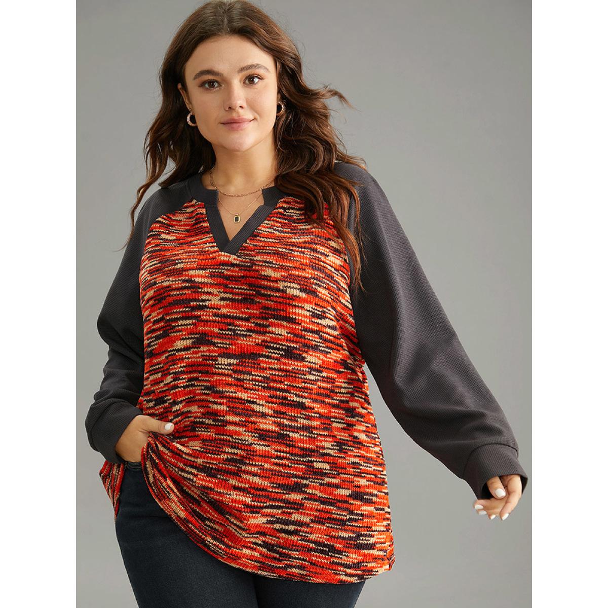 Plus Size Contrast Heather Waffle Knit Raglan Sleeve Sweatshirt Women DimGray Elegant Waffle Knit Notched collar Dailywear Sweatshirts BloomChic 14-16/1X Product Image