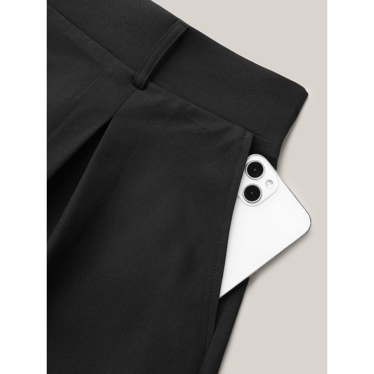 Plus Size Buckled Button Front Pleated Midi Skirt Women Black At the Office Pleated Low stretch Slanted pocket Work Skirts BloomChic 14-16/1X Product Image