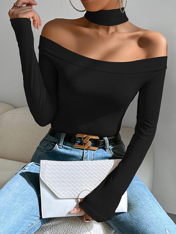 Long Sleeves Skinny Solid Color Off-The-Shoulder T-Shirts Tops Product Image