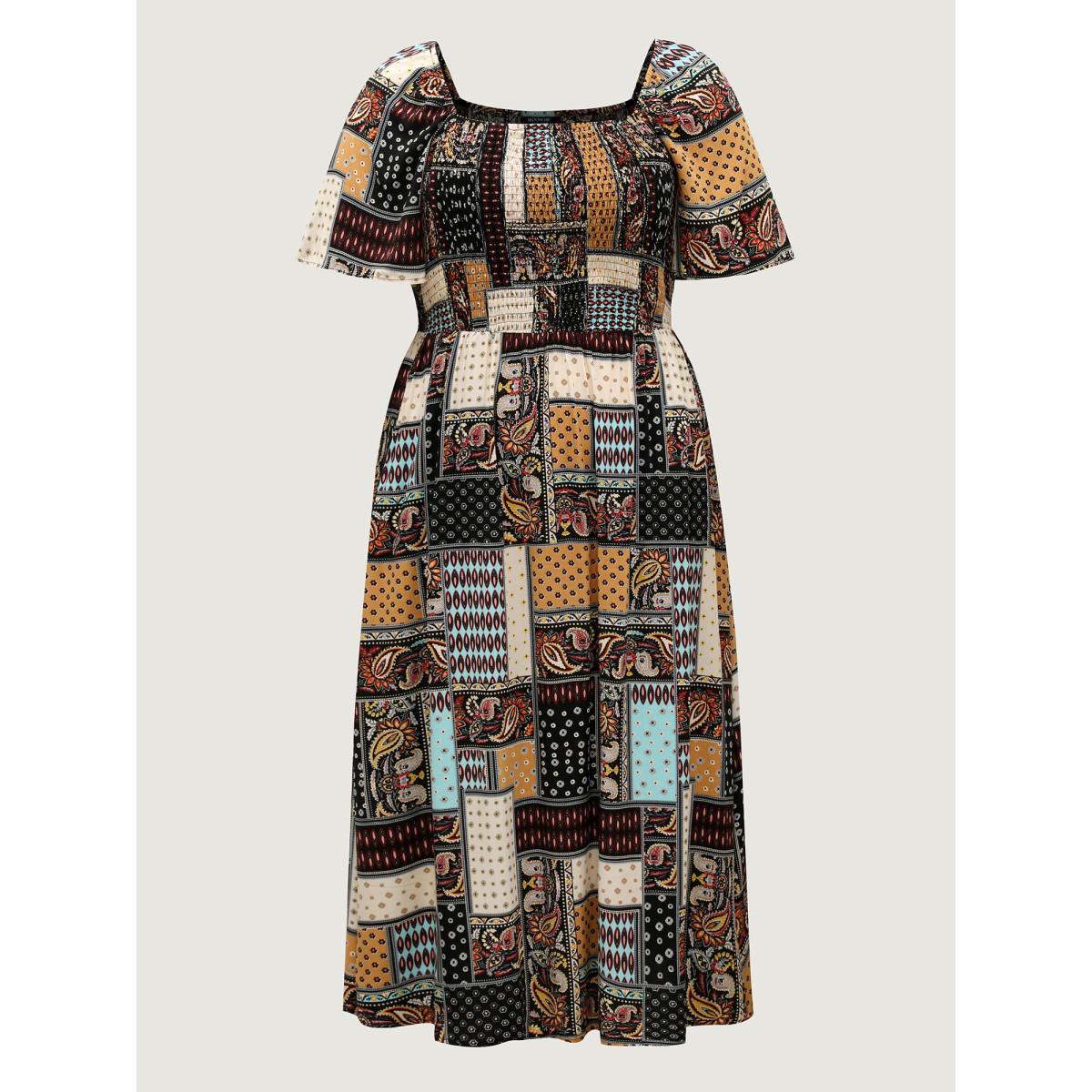 Plus Size Paisley Floral Collage Shirred Pockets Midi Dress Black Women Boho Square Neck Short sleeve Curvy BloomChic 14-16/1X Product Image