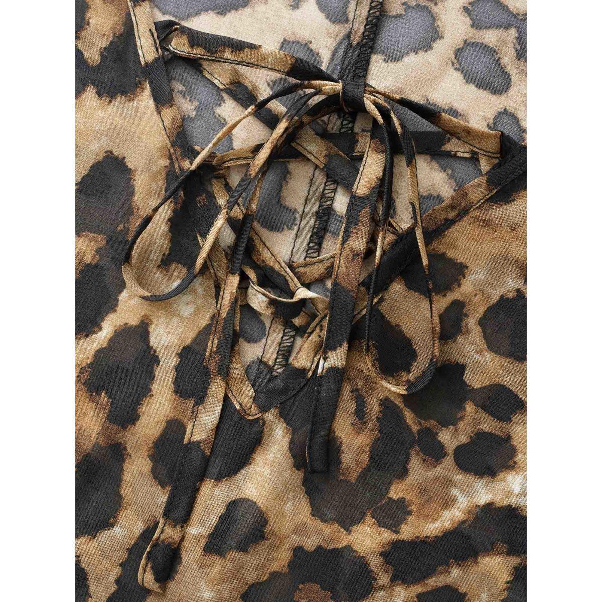 Plus Size Leopard Print Lace Up Lantern Sleeve Dress Leopard Women Romantic Wraparound straps V-neck Long Sleeve Curvy BloomChic 18-20/2X Product Image