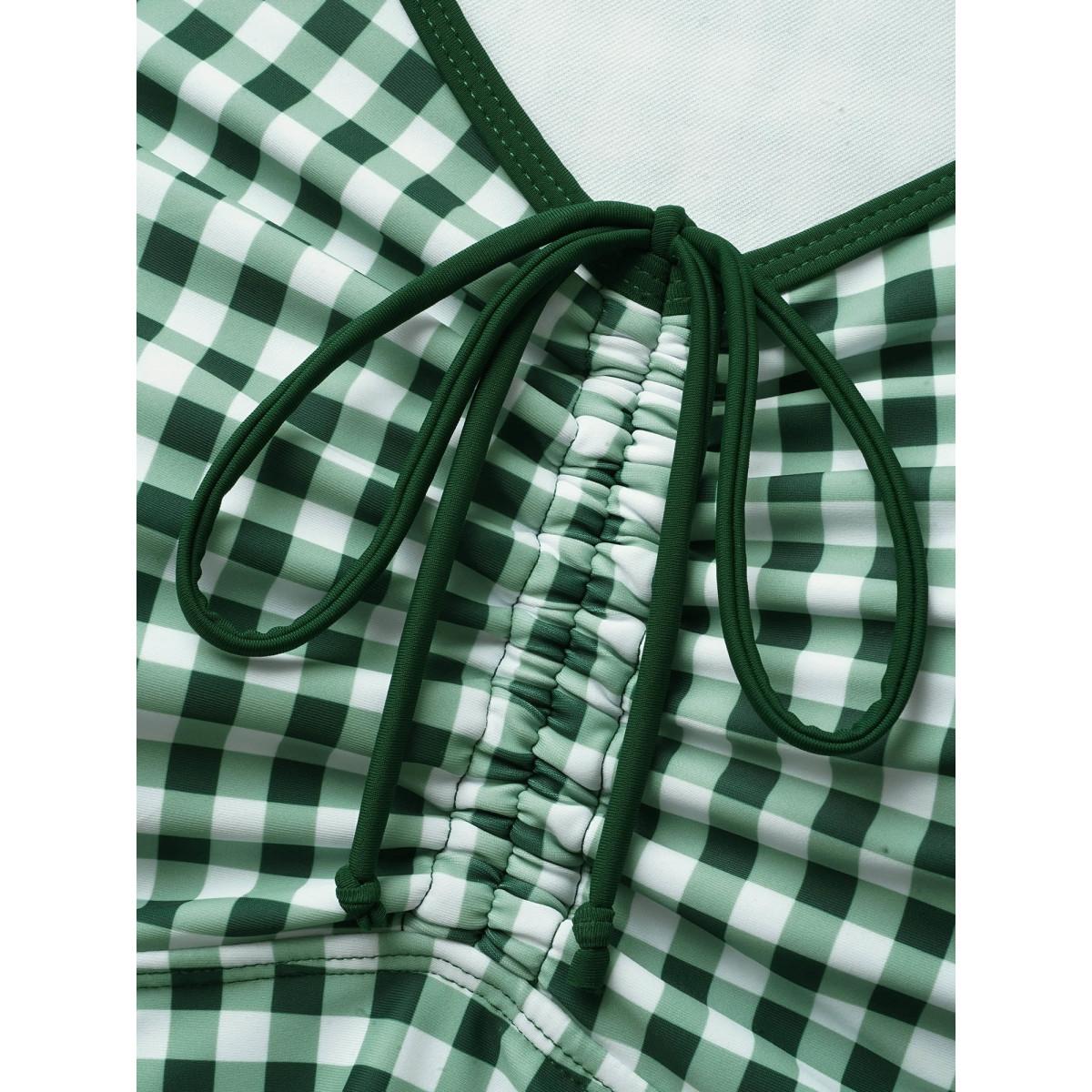Plus Size Gingham Patchwork Drawstring Tie Knot Swim Dress Women's Swimwear Truegreen Beach Bodycon V-neck High stretch Curve Swim Dresses BloomChic 14-16/1X Product Image