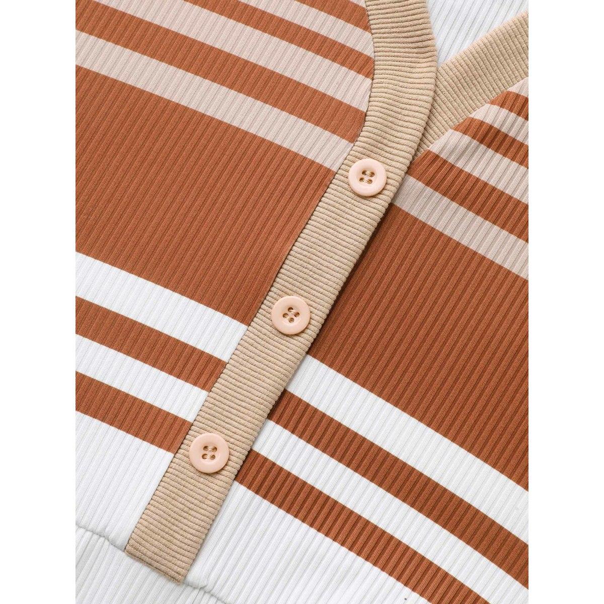 Plus Size Contrast Striped V Neck Midi Dress Yellowishbrown Women Elegant Texture V-neck Extra Long Sleeve Curvy BloomChic 26/4X Product Image