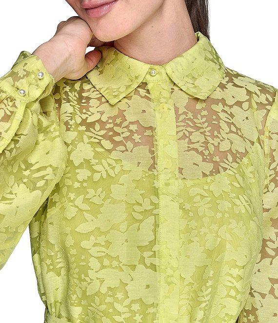 KARL LAGERFELD PARIS Organza Burnout Long Sleeve Floral Shirt Dress Product Image