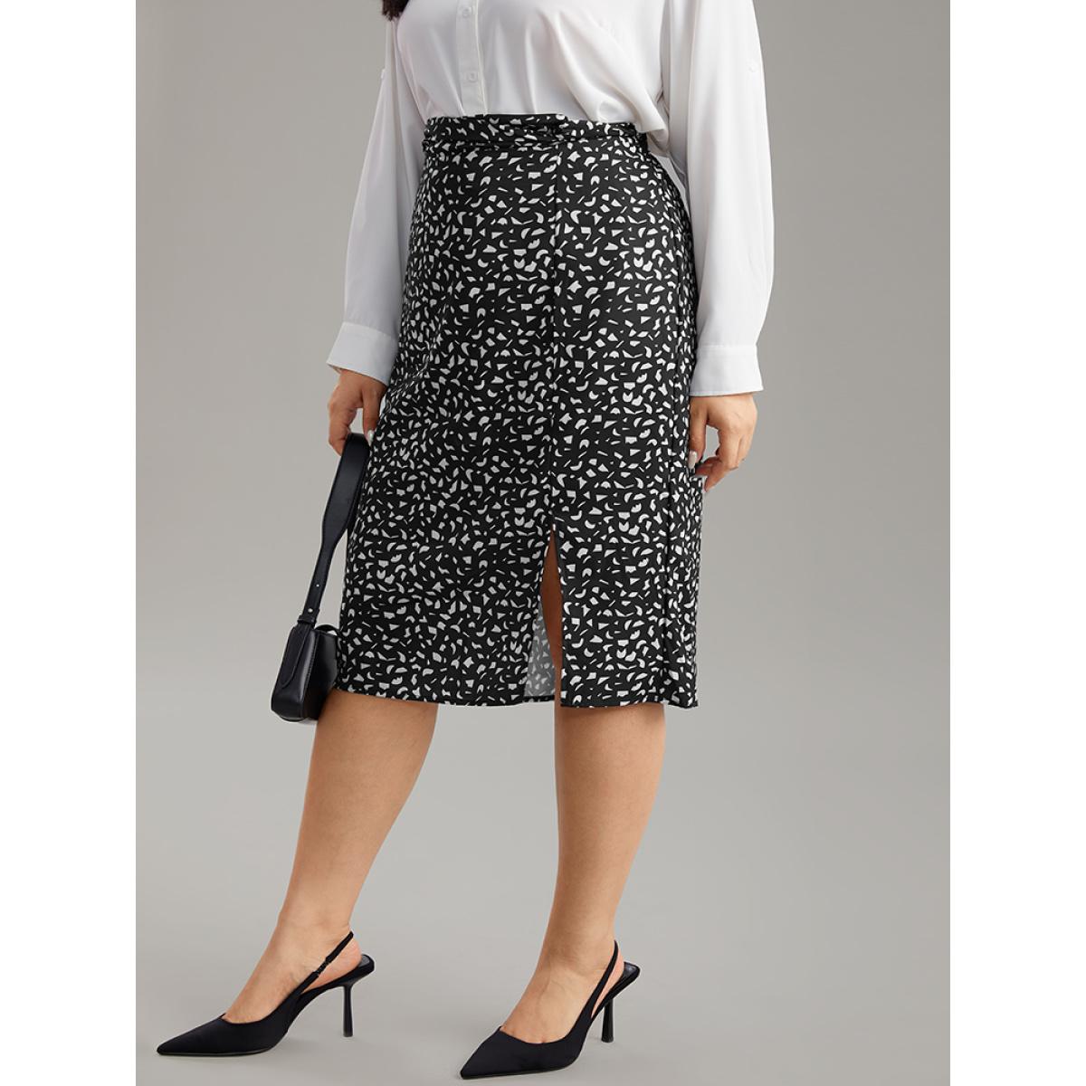 Plus Size Geometric Graphic Twist Front Split Side Skirt Women Black Office Slit Bodycon No stretch Work Skirts BloomChic 14-16/1X Product Image
