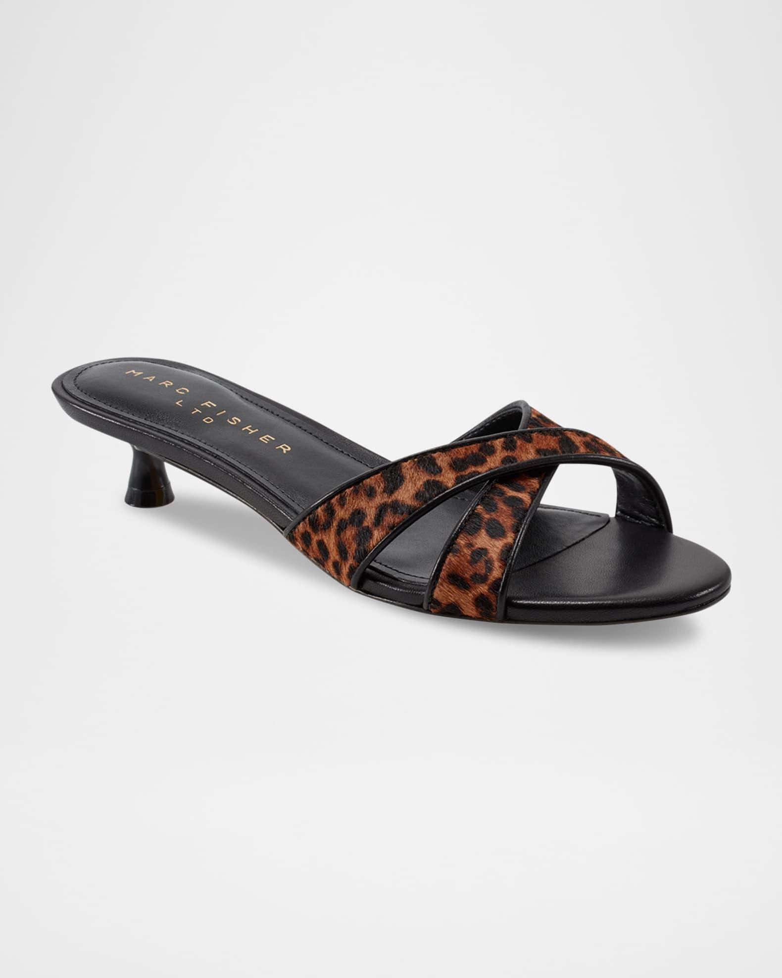 Tracey Leopard Calf Leather Kitten-Heel Sandals Product Image