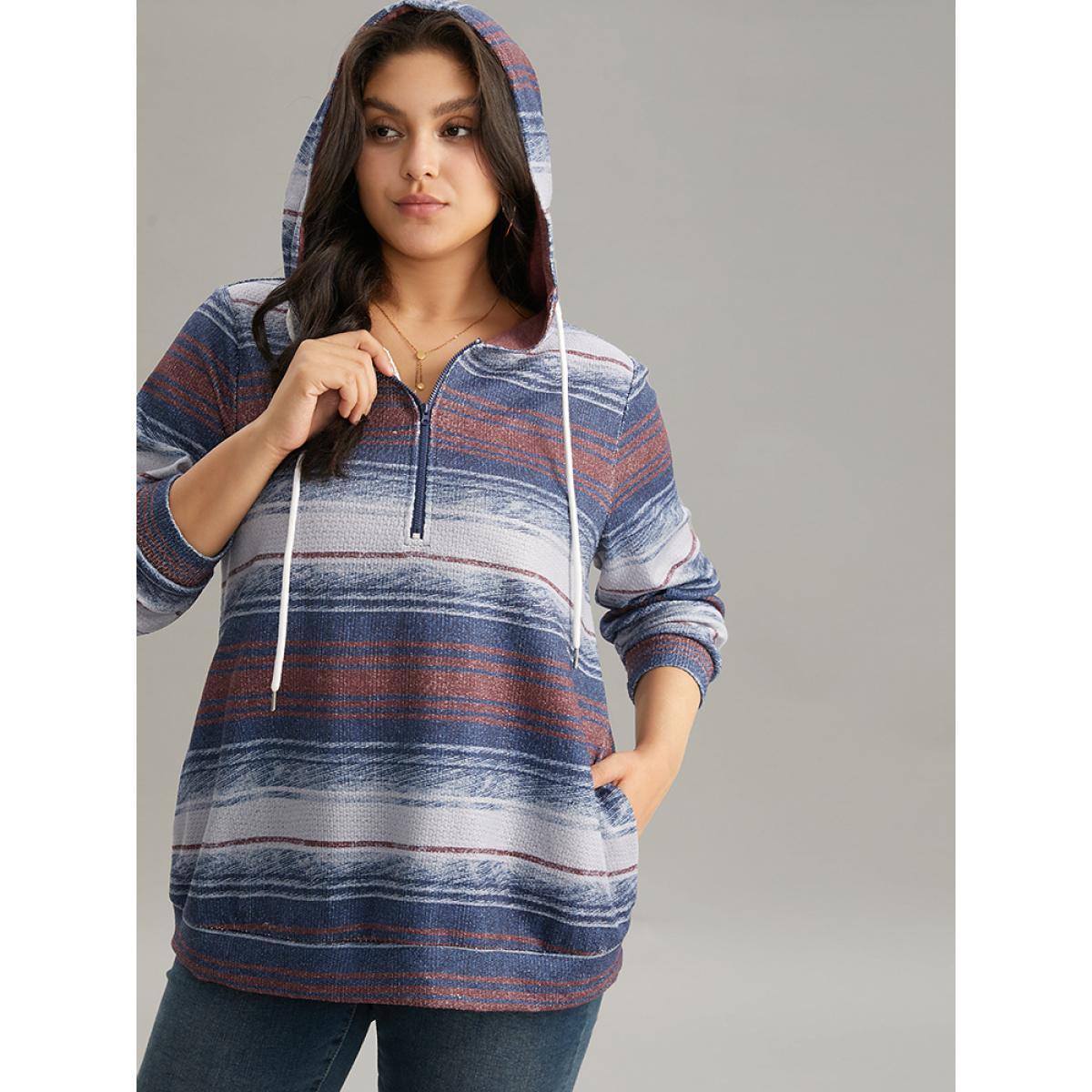 Plus Size Colour Striped Hooded Pocket Half Zip Sweatshirt Women Indigo Casual Contrast Hooded Dailywear Sweatshirts BloomChic 30/6X Product Image