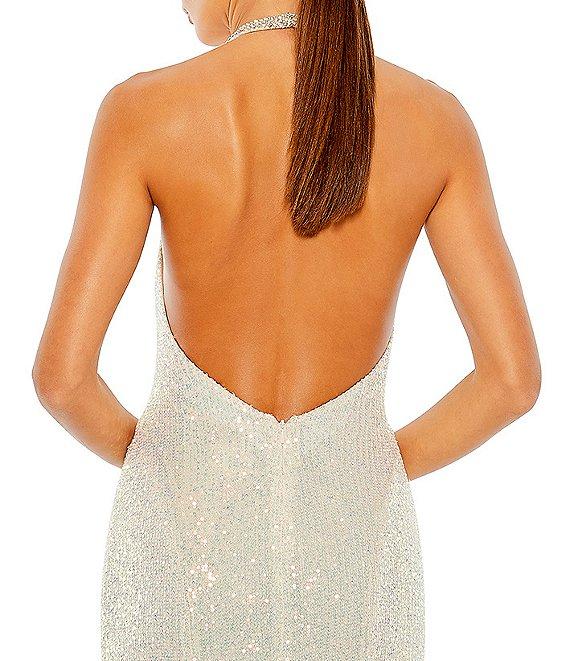 Mac Duggal Sequined Halter Neck Sleeveless Open Back Detail Thigh High Slit Gown Product Image