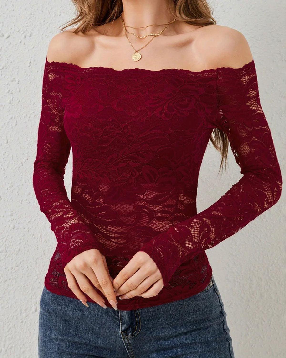 Red Floral Off The Shoulder Slim Tee Product Image
