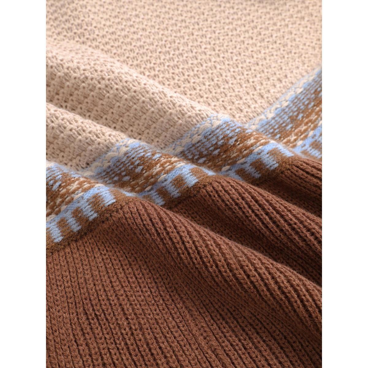 Plus Size Colorblock Contrast Texture Elastic Waist Pullover Maroon Women Casual Long Sleeve V-neck Everyday Pullovers BloomChic 28/5X Product Image