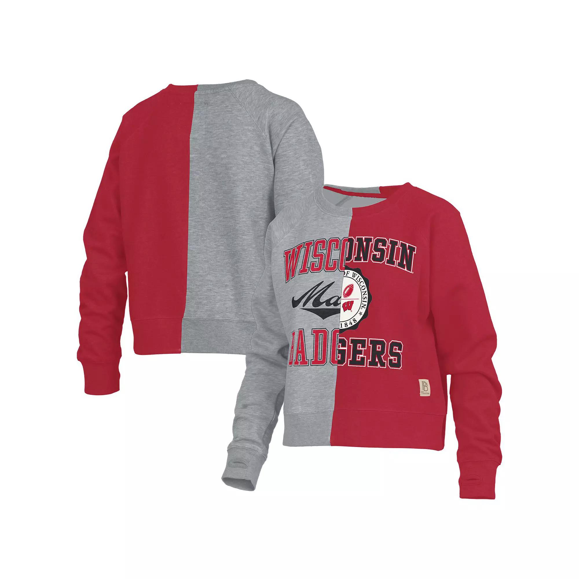 Women's Pressbox  Heather Gray Wisconsin Badgers Half and Half Raglan Pullover Sweatshirt, Size: Large, Grey Product Image