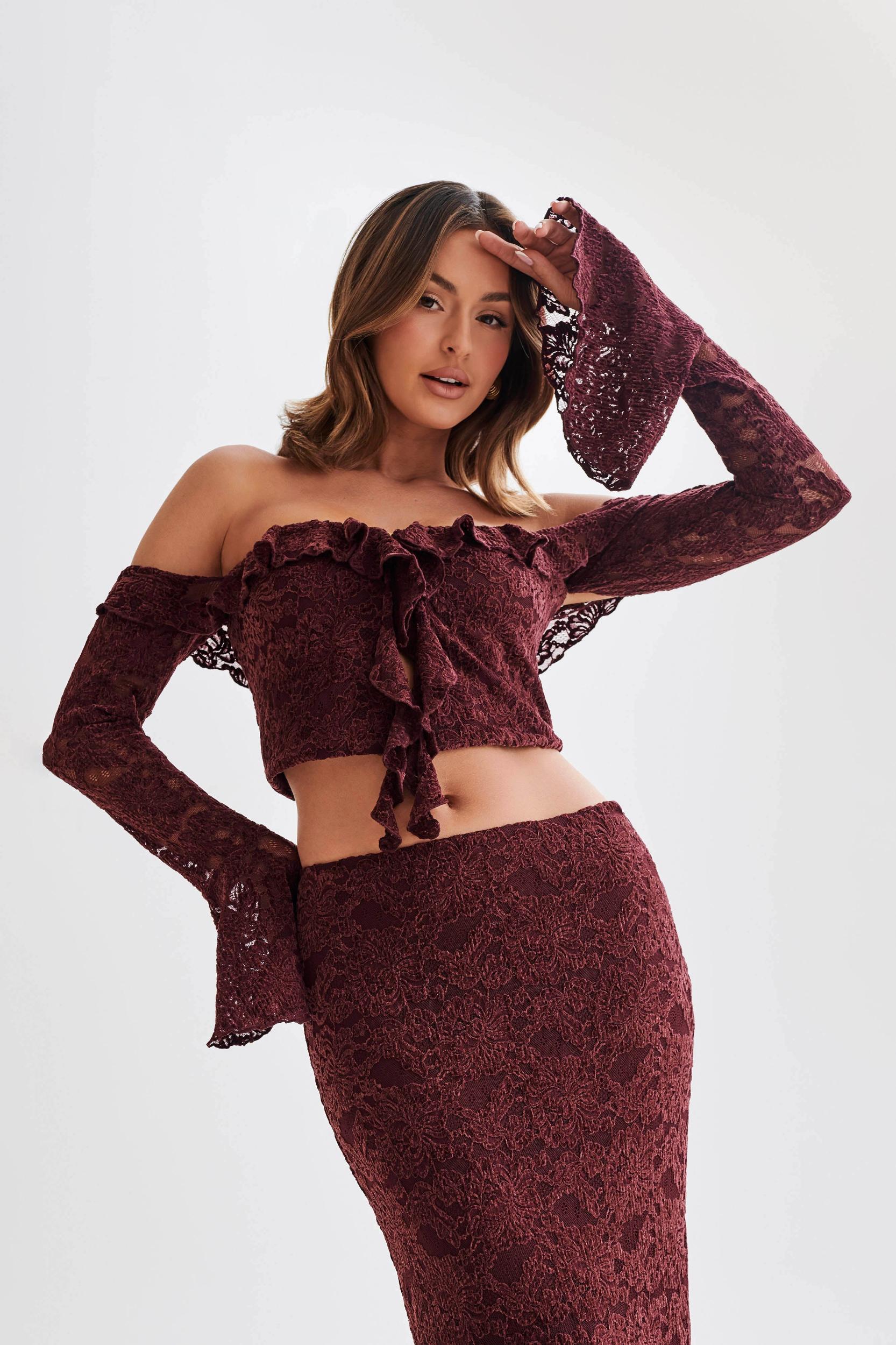 Artemis Lace Plisse Off Shoulder Top - Plum Product Image