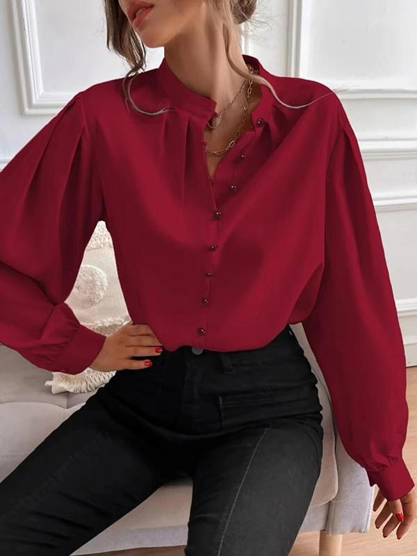 Loose Puff Sleeves Pleated Solid Color Split-Joint Stand Collar Blouses Product Image