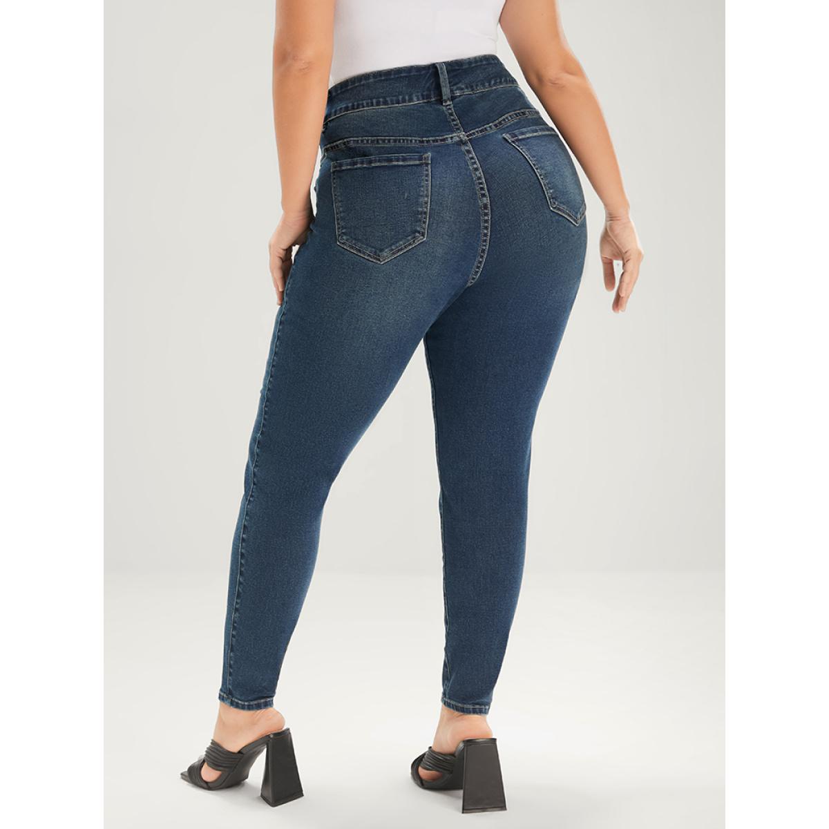 Plus Size Skinny Very Stretchy Mid Rise Dark Wash Sculpt Waist Jeans Women DarkBlue Casual Plain Tummy control High stretch Pocket Jeans BloomChic 24/3X Product Image
