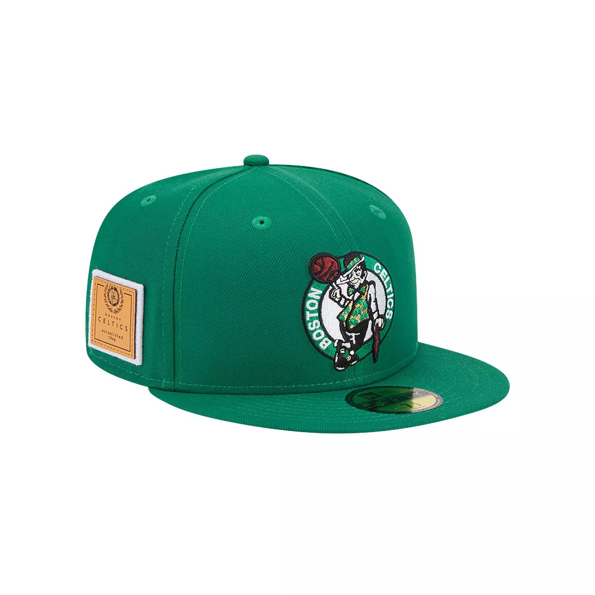 Men's New Era Kelly Green Boston Celtics Court Sport Leather Applique 59FIFTY Fitted Hat,  Product Image