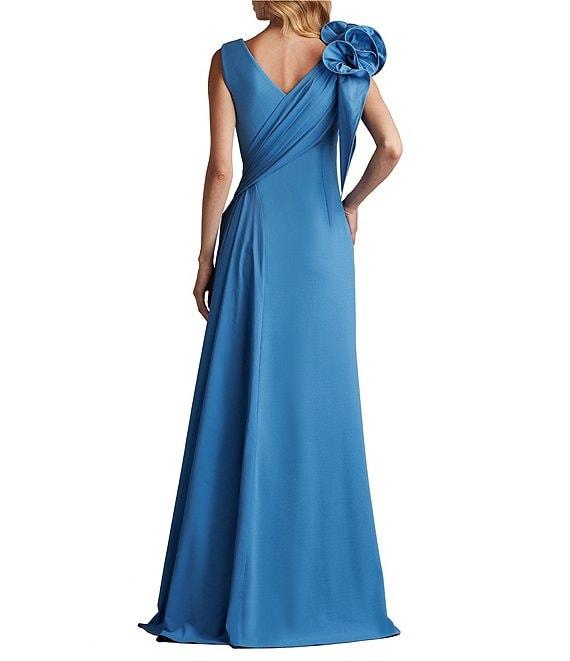 Tadashi Shoji Taffeta Crepe V-Neck Sleeveless Ruffle Shoulder A-Line Gown Product Image
