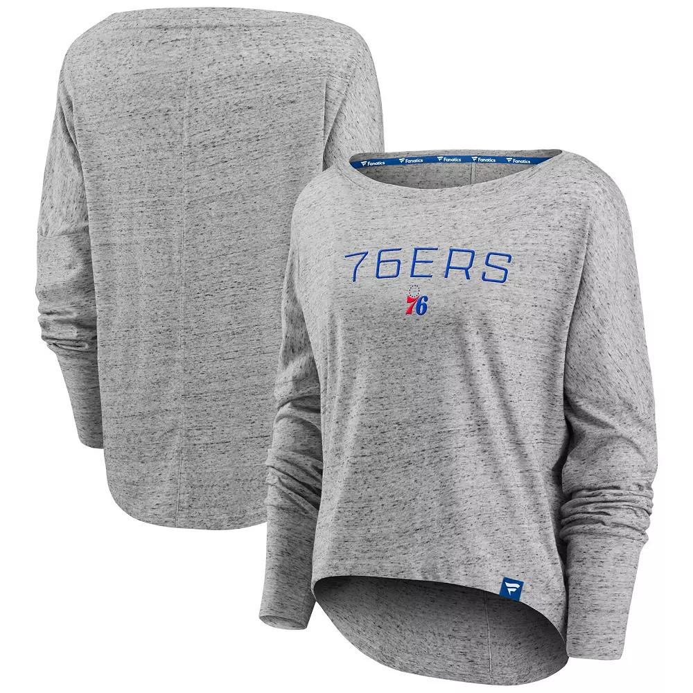Women's Fanatics Branded Heathered Gray Philadelphia 76ers Nostalgia Off-The-Shoulder Long Sleeve T-Shirt,  Product Image