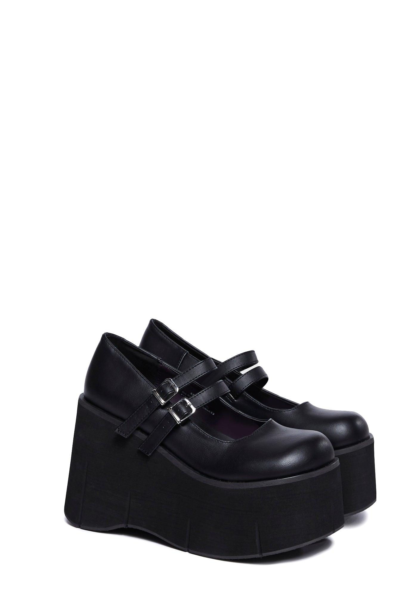Demonia Platform Wedge Mary Janes - Black Product Image
