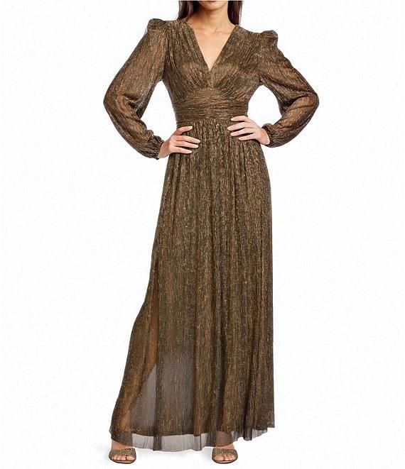 Alex Marie Bella Crinkle Metallic V-Neck Blouson Long Sleeve A-Line Gown Product Image