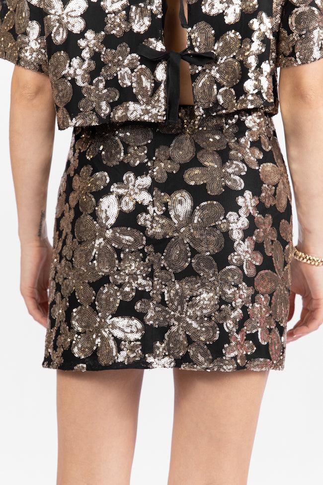A Heart Of Gold Black Floral Print Sequin Mini Skirt FINAL SALE Product Image