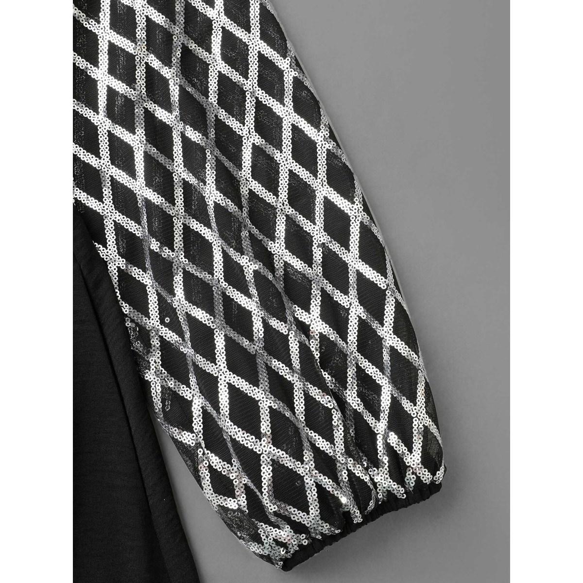 Plus Size Texture Sequin Mesh Patchwork Belted Dress Black Women Party&Cocktail Texture Round Neck Long Sleeve Curvy BloomChic 14-16/1X Product Image