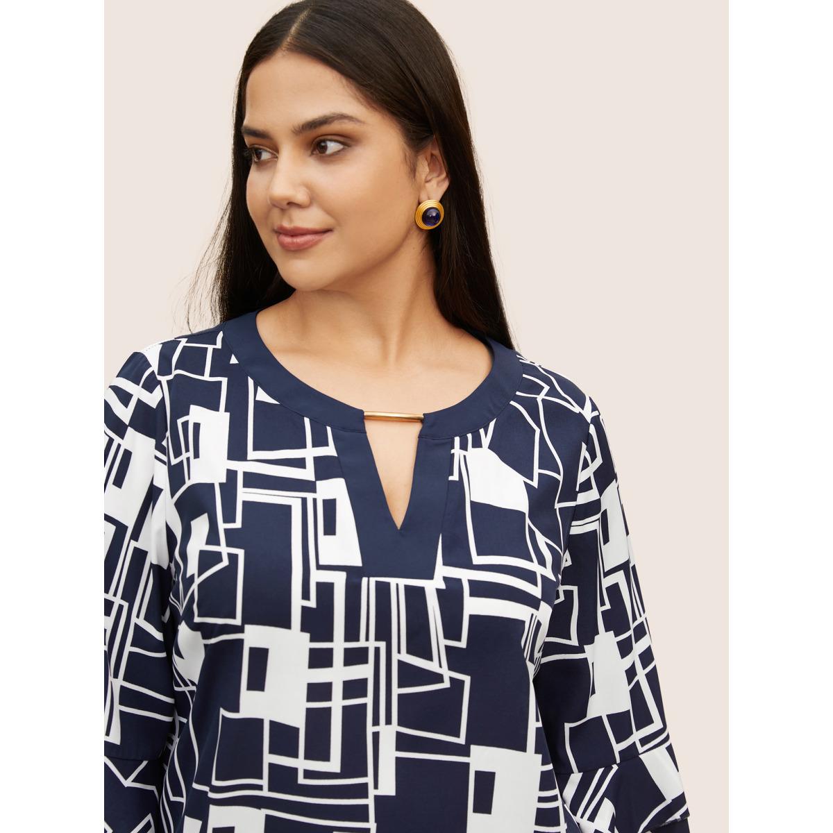 Plus Size Indigo Geometric Keyhole Ruffles Metal Detail Blouse Women At the Office Elbow-length sleeve Round Neck Work Blouses BloomChic 10/M Product Image