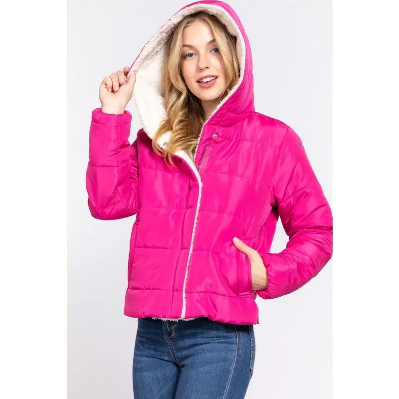 Women's Hot Pink Long Sleeve Inside Faux Fur Hoodie Puffer Jacket Product Image