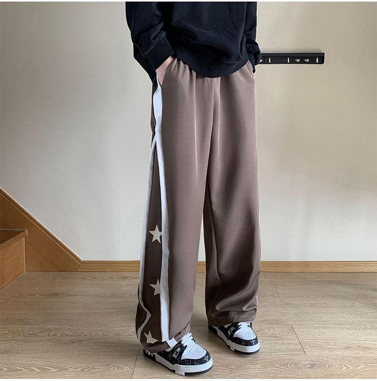 Drawstring Waist Star Print Panel Straight Leg Pants Product Image