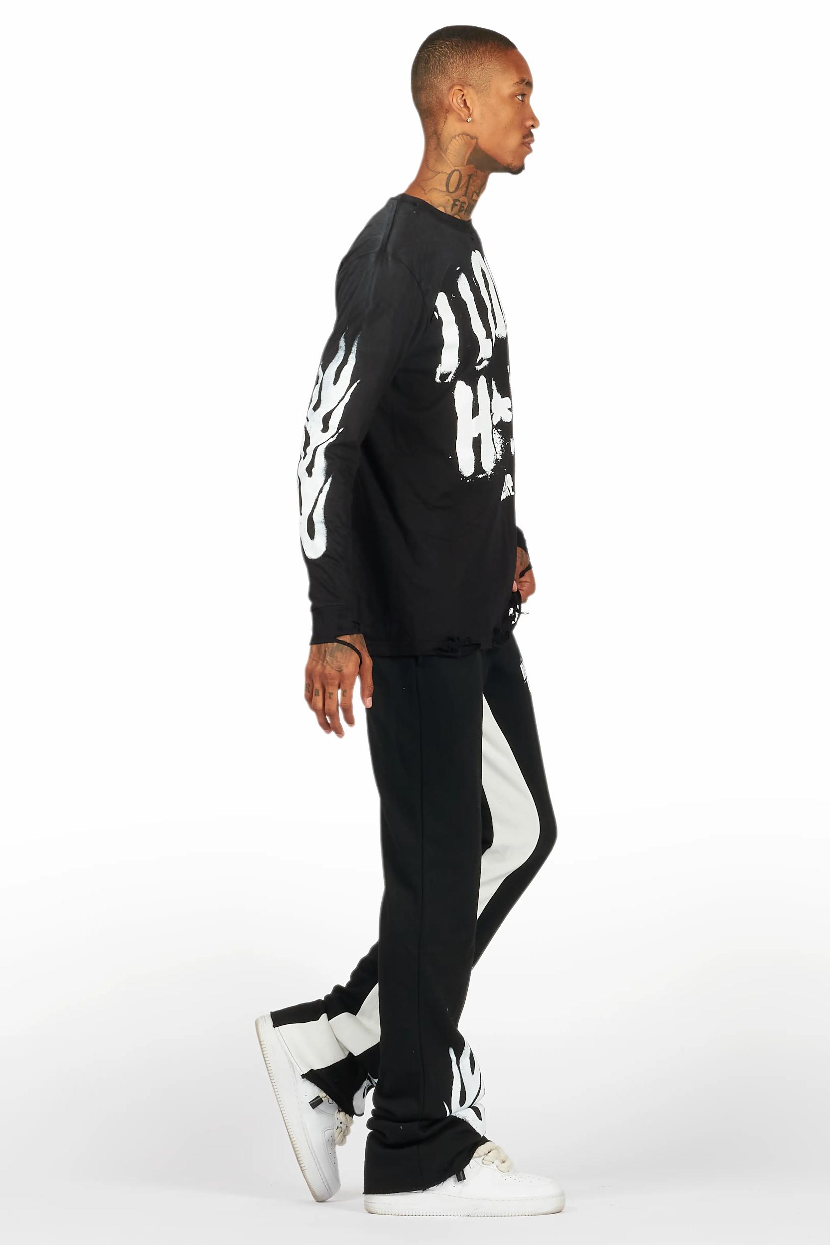 Banyan Black/White Long Sleeve T-Shirt/Stacked Baggy Track Pant Set Male Product Image