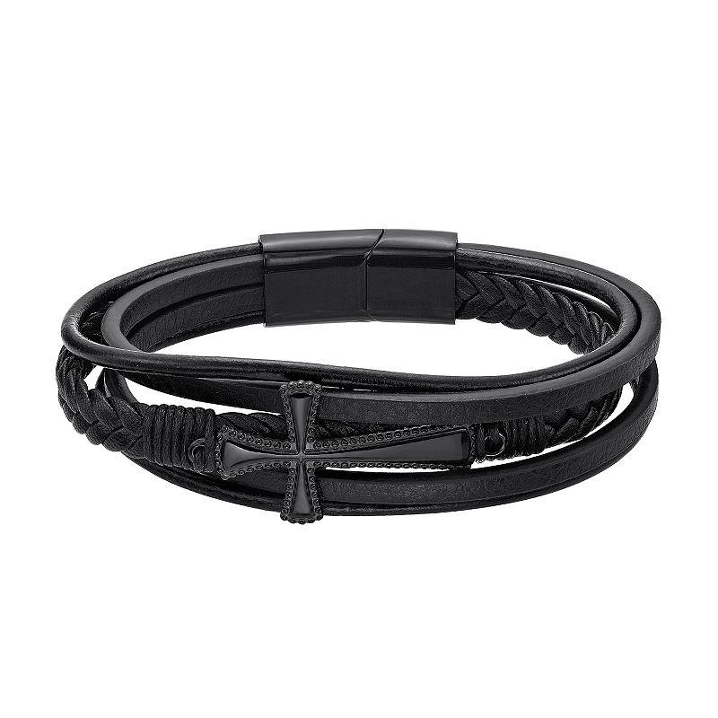 LYNX Men's Black Ion Plated Stainless Steel & Black Leather Cross Bracelet,  Product Image