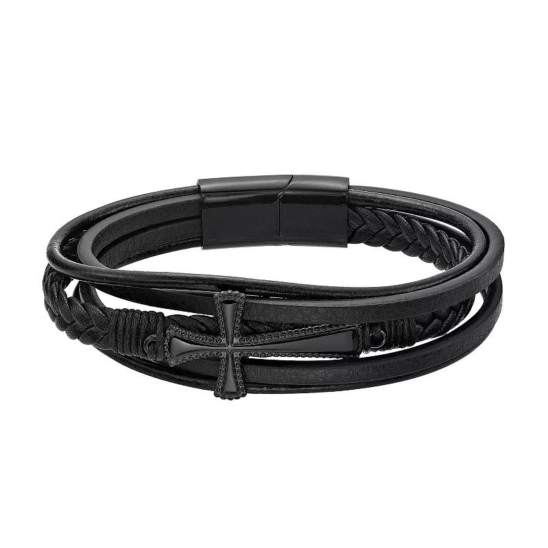 LYNX Men's Black Ion Plated Stainless Steel & Black Leather Cross Bracelet,  Product Image