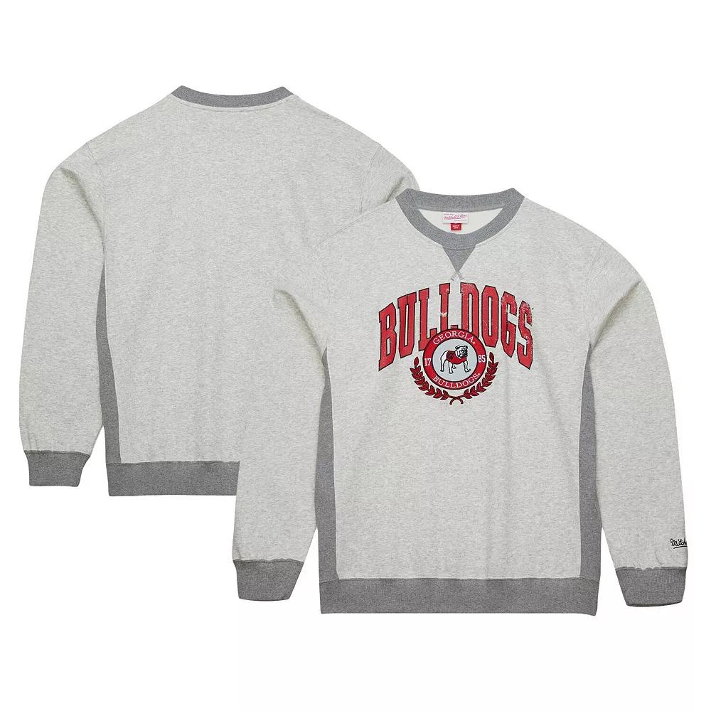 Men's Mitchell & Ness Heather Gray Georgia Bulldogs Arched Fleece Crewneck Pullover Sweatshirt,  Product Image