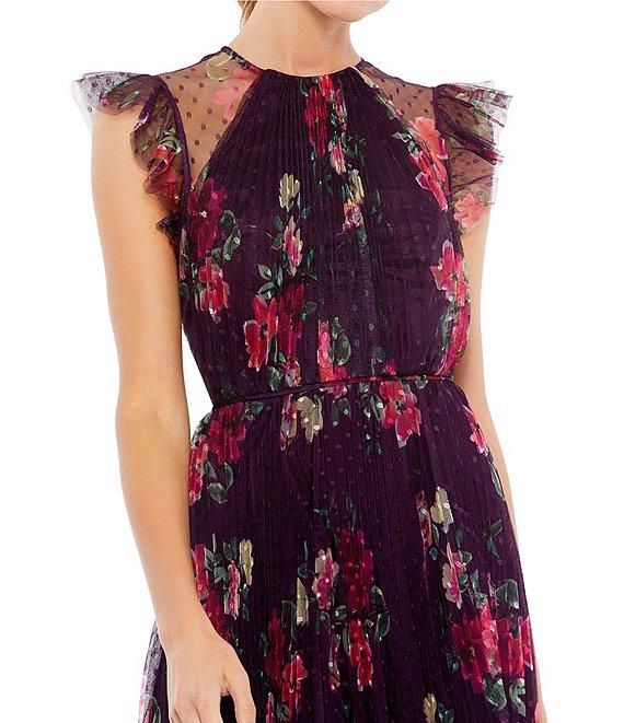 Mac Duggal Ruffle Trim Swiss Dot Lace Floral Print Midi Dress Product Image