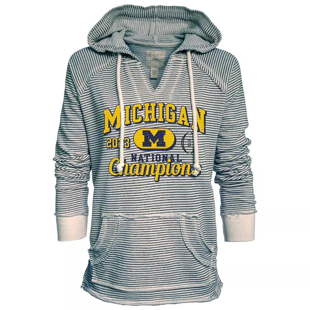Women's Blue 84  Navy Michigan Wolverines College Football Playoff 2023 National Champions Striped French Terry V-Neck Pullover Hoodie, Size: Small Product Image