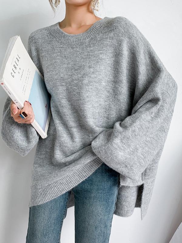 Stretch Mohair-Blend Balloon Sleeves Loose Solid Round-Neck Sweater Tops Product Image