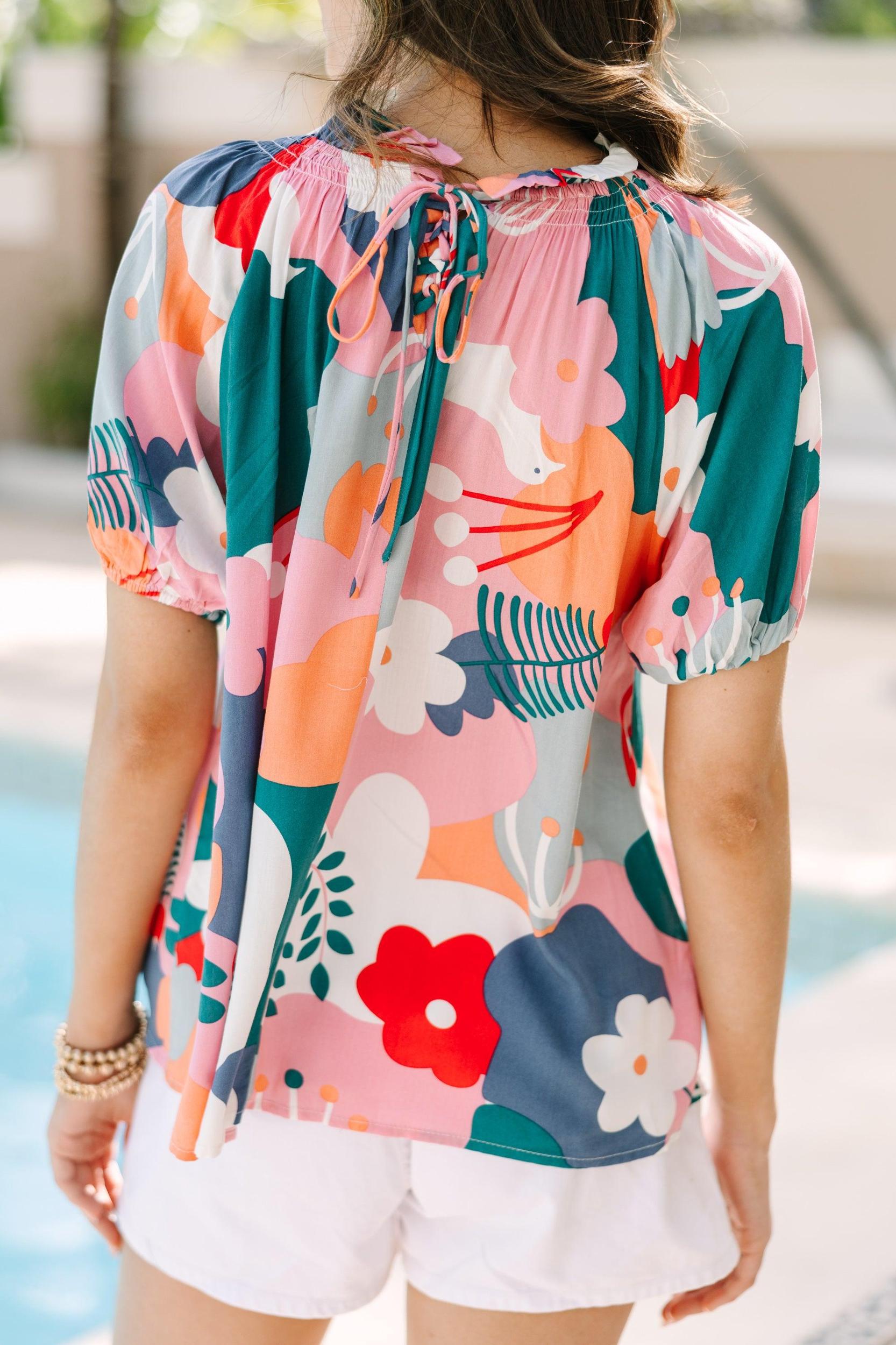 Feeling Fun Jade Green Floral Bubble Sleeve Blouse Female Product Image