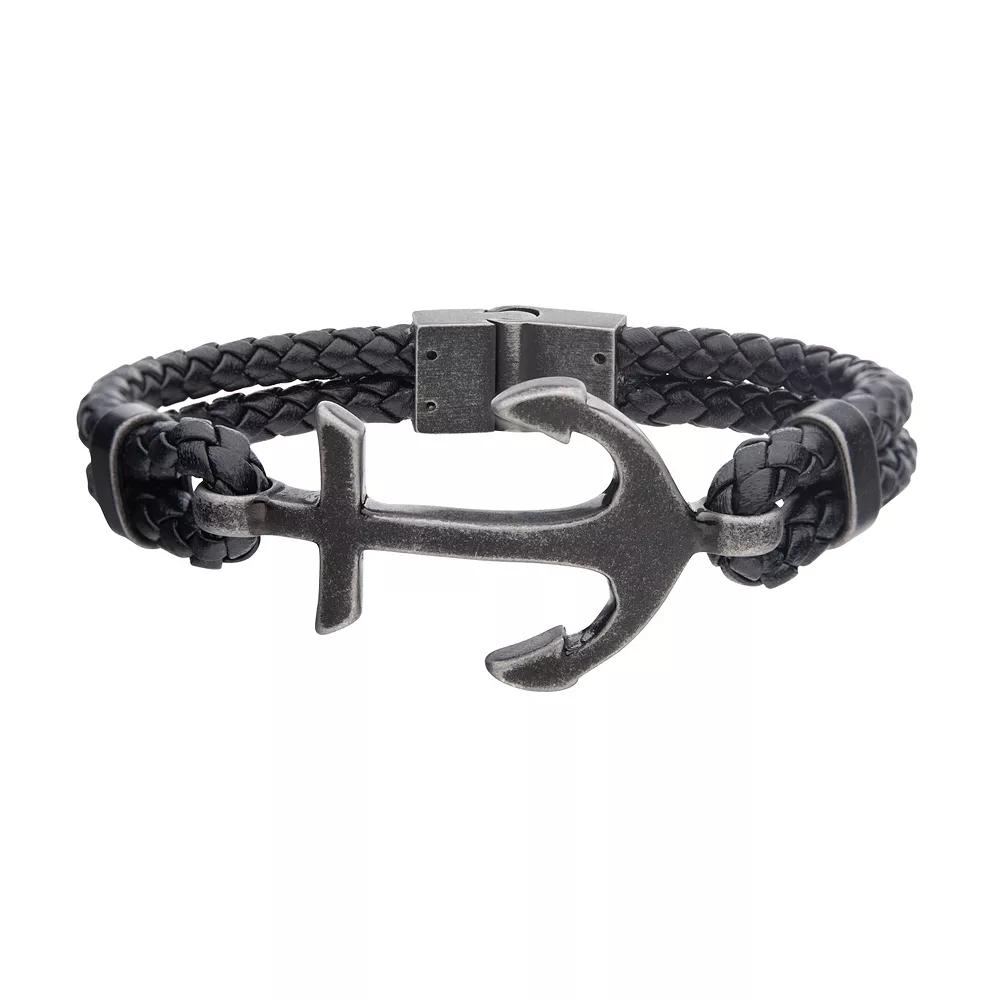 Men's Black Leather & Antiqued Stainless Steel Anchor Bracelet, Size: 8.25" Product Image