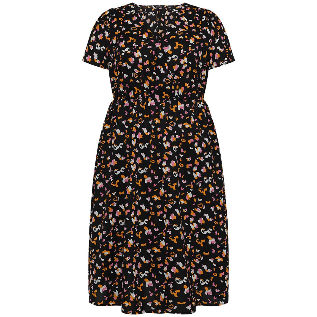 Plus Size Colour Leopard Print Wrap Elastic Waist Ruffle Hem Dress Black Women Elegant Elastic Waist V-neck Short sleeve Curvy Midi Dress BloomChic 22-24/3X Product Image