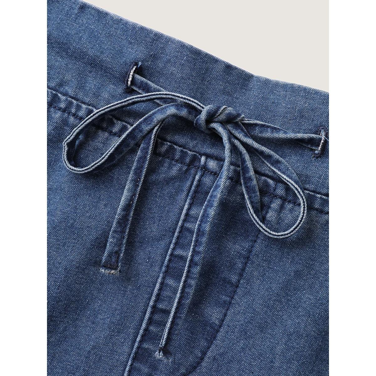 Plus Size Stretchy Waist Flared Pockets Denim Skirt Women Denimblue Everyday-Casual No stretch Medium Wash 26/4X Patch pocket Casual Denim Skirts BloomChic Product Image