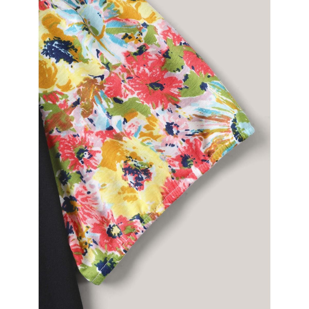 Plus Size Floral Sleeve Spliced Curvy Hem T-Shirt Black Women Gathered Round Neck Everyday-Casual T-shirts BloomChic 28/5X Product Image