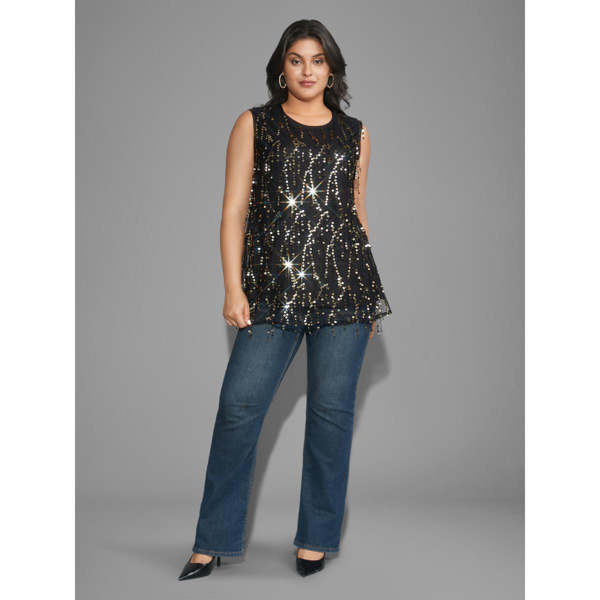 Plus Size Sequin Mesh Tassel Trim Tank Top Women Black Elegant Tassels Round Neck Everyday Tank Tops Camis BloomChic 14-16/1X Product Image