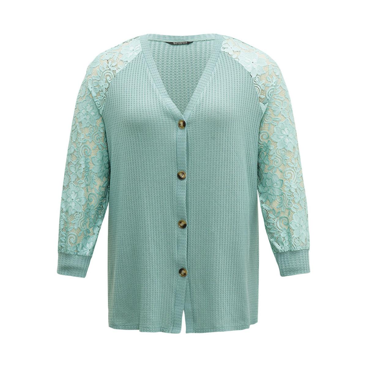 Plus Size Plain Lace Patchwork Texture Raglan Sleeve Coat Women Turquoise Casual Texture Dailywear Kimonos BloomChic 12/L Product Image
