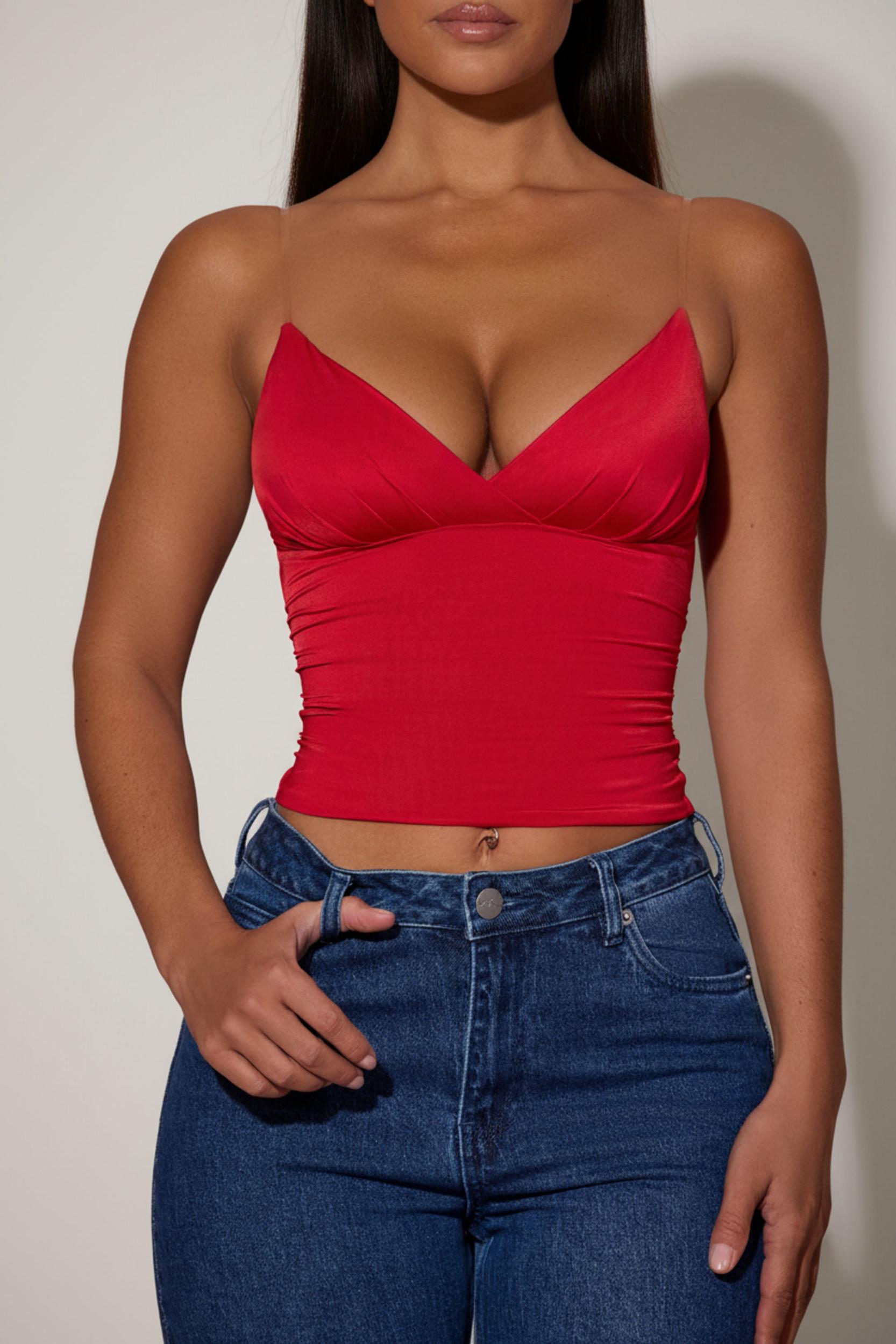 Ruched Plunge-Neck Camisole Top in Red Product Image