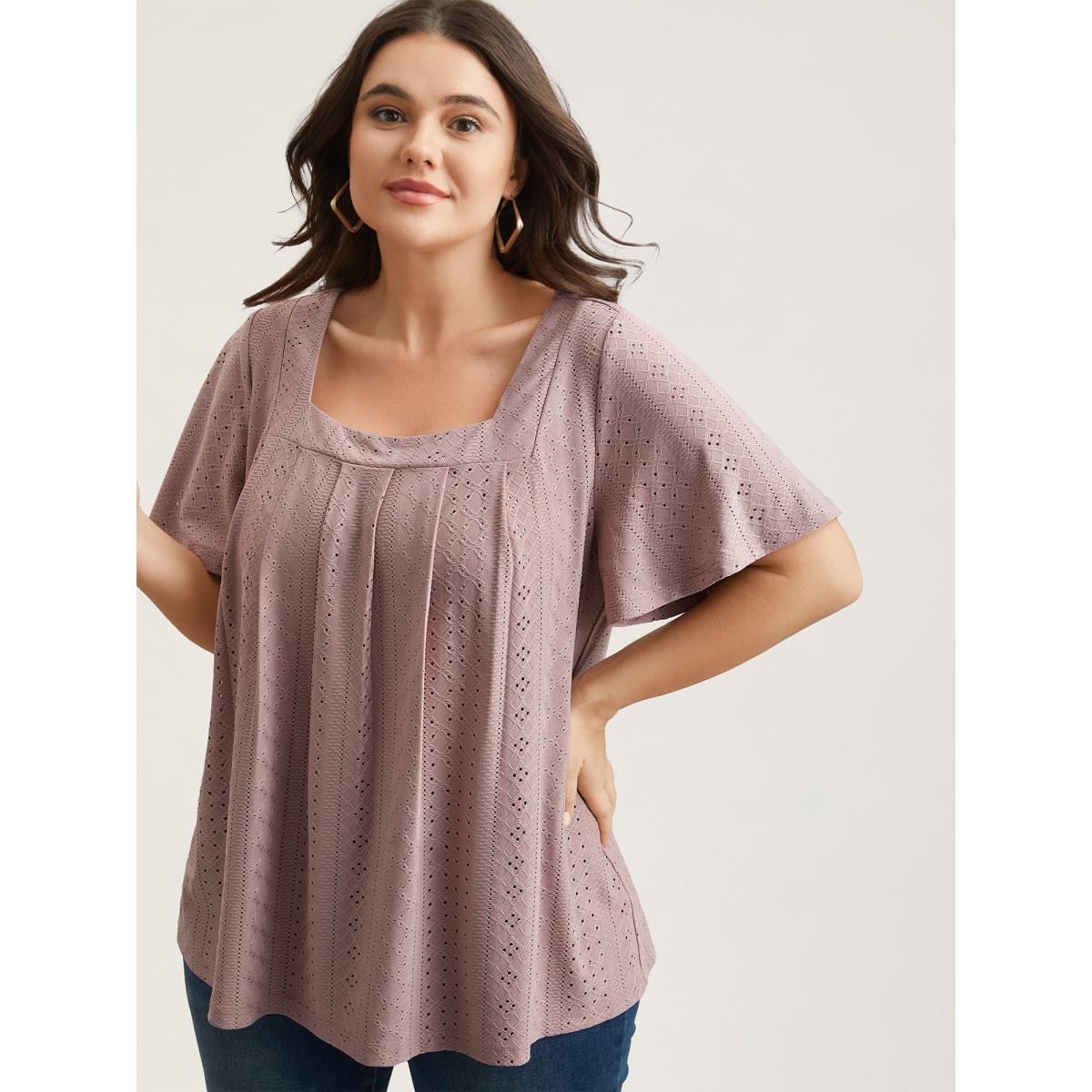 Plus Size Textured Cut-Out Square Neck Shirt DustyPink Women Leisure Texture Square Neck Casual T-shirts BloomChic 26/4X Product Image