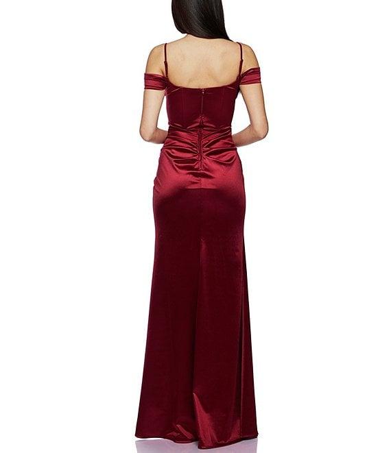 B. Darlin Off-The-Shoulder Corset Wrap Side Slit Long Dress Product Image