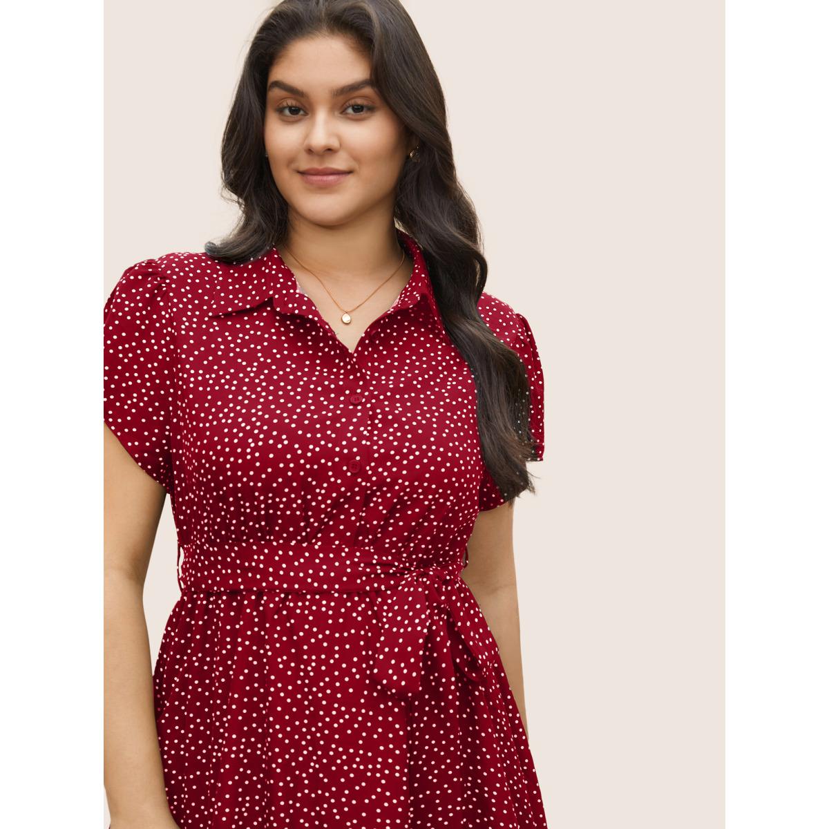 Plus Size Polka Dot Shirt Collar Pocket Button Up Dress Brightred Women At the Office Non Shirt collar Short sleeve Curvy Midi Dress BloomChic 14-16/1X Product Image