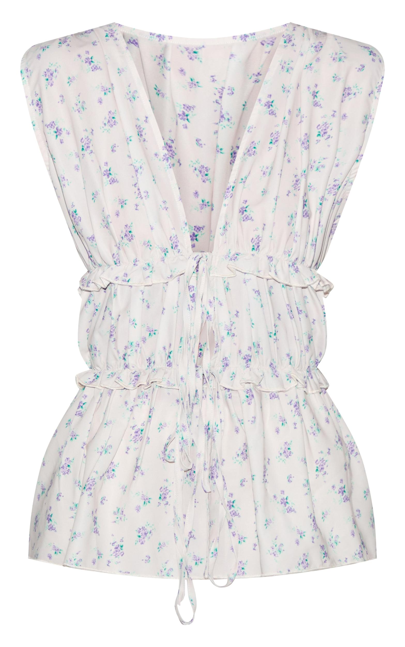 Cream Floral Chiffon Tie Front Top Product Image