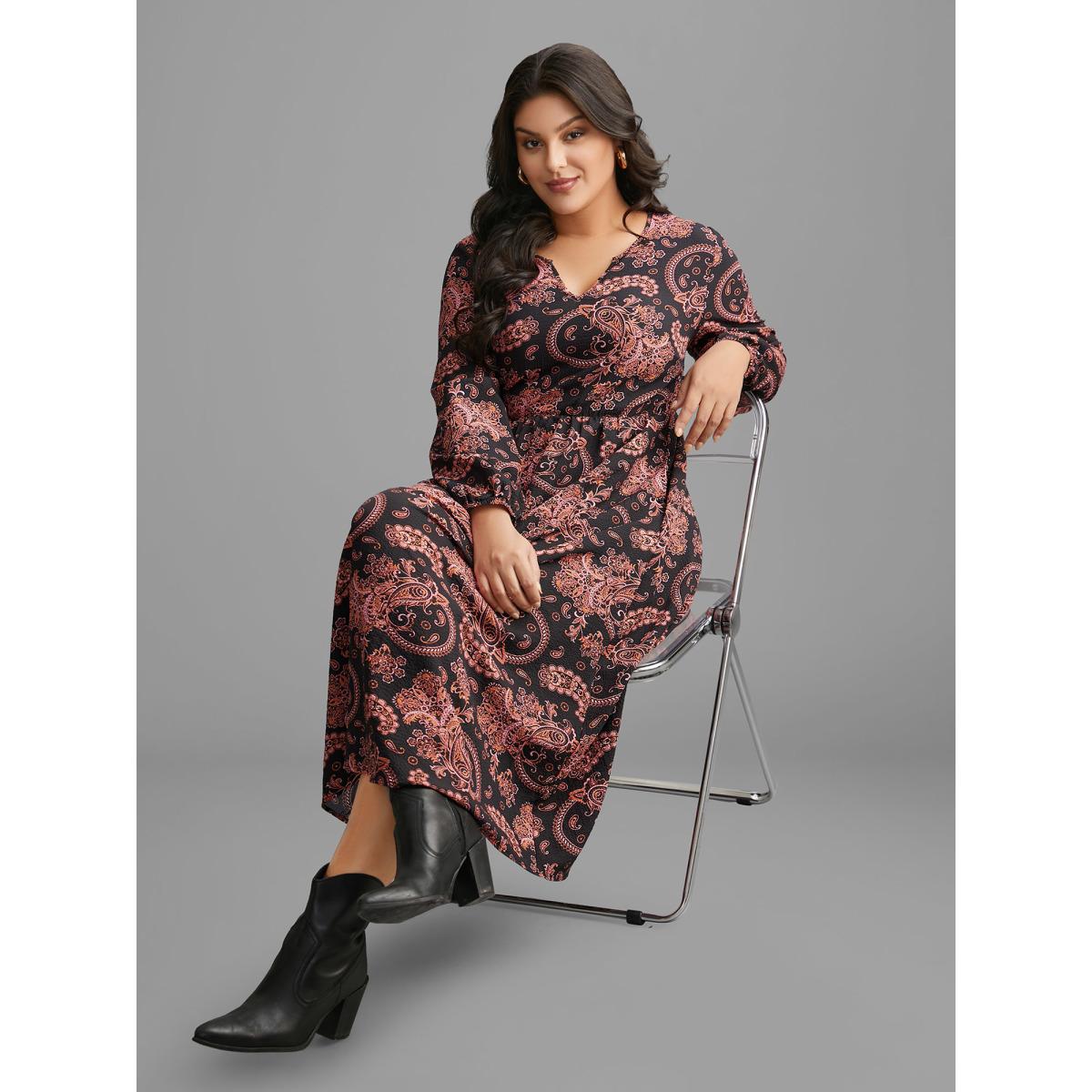 Plus Size Boho Print Notched Collar Lantern Sleeve Dress BlackFlower Women Resort Non Notched collar Long Sleeve Curvy BloomChic 12/L Product Image