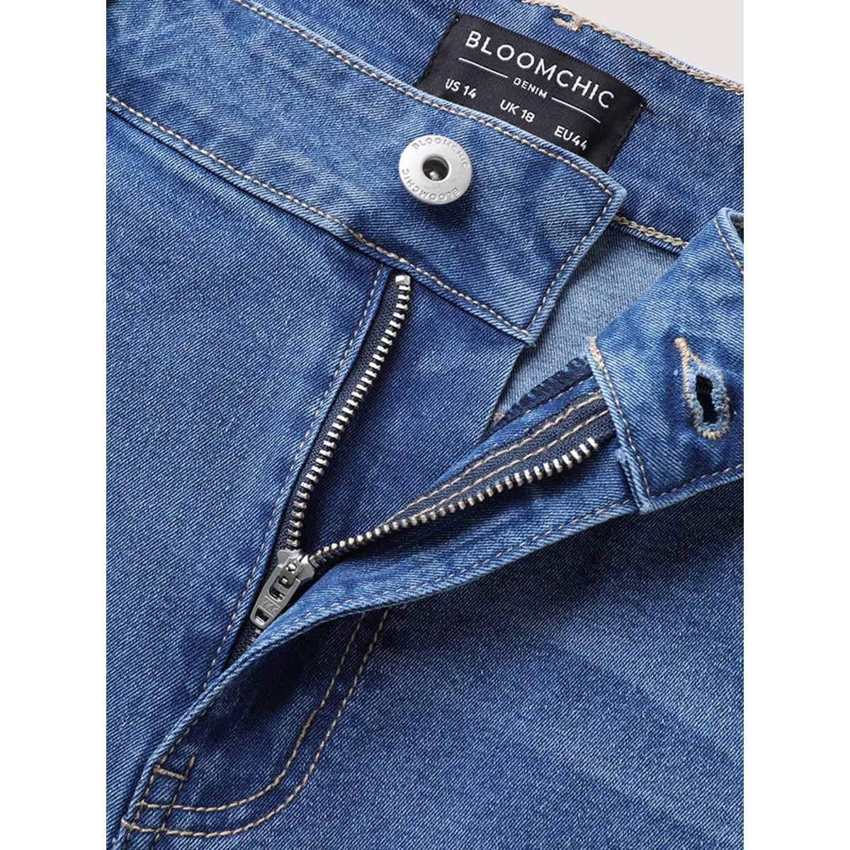 Plus Size Floral Crochet Hem Bootcut Jeans Women Denimlightblue Leisure High stretch Slanted pocket Jeans BloomChic 18/2X Product Image